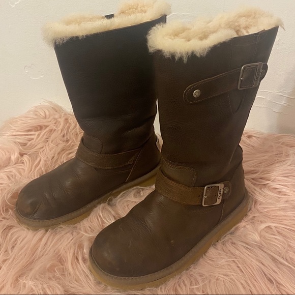 UGG Sutter Toast Leather Fur Boots Womens Sz 6 - Picture 5 of 8